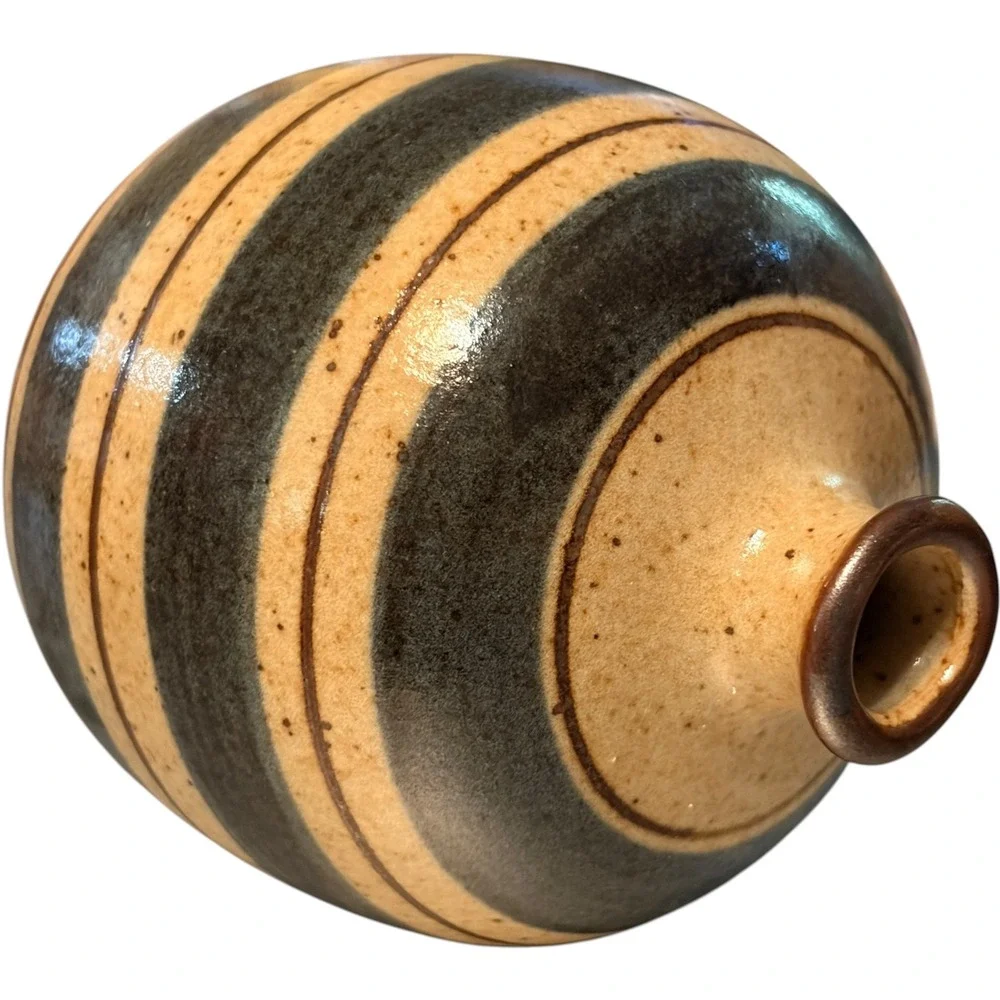 Vintage Studio Pottery Striped Bud Vase Tan Gray Speckled Stoneware Round 4in